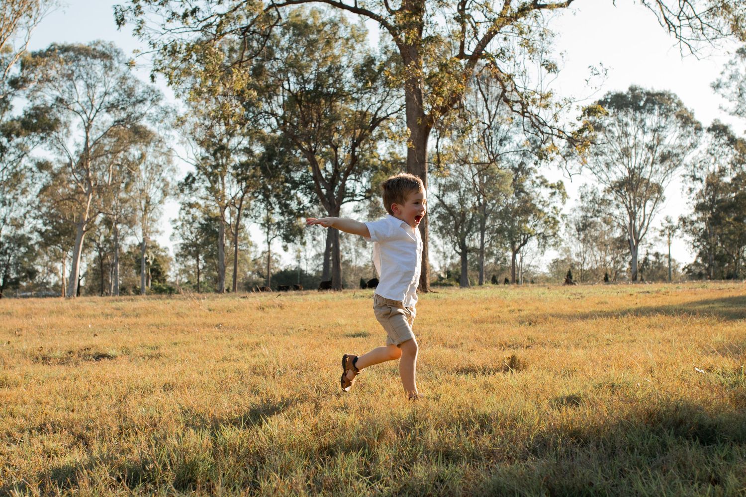 Child running through long grass with outstretched arms during a playful family photography session.