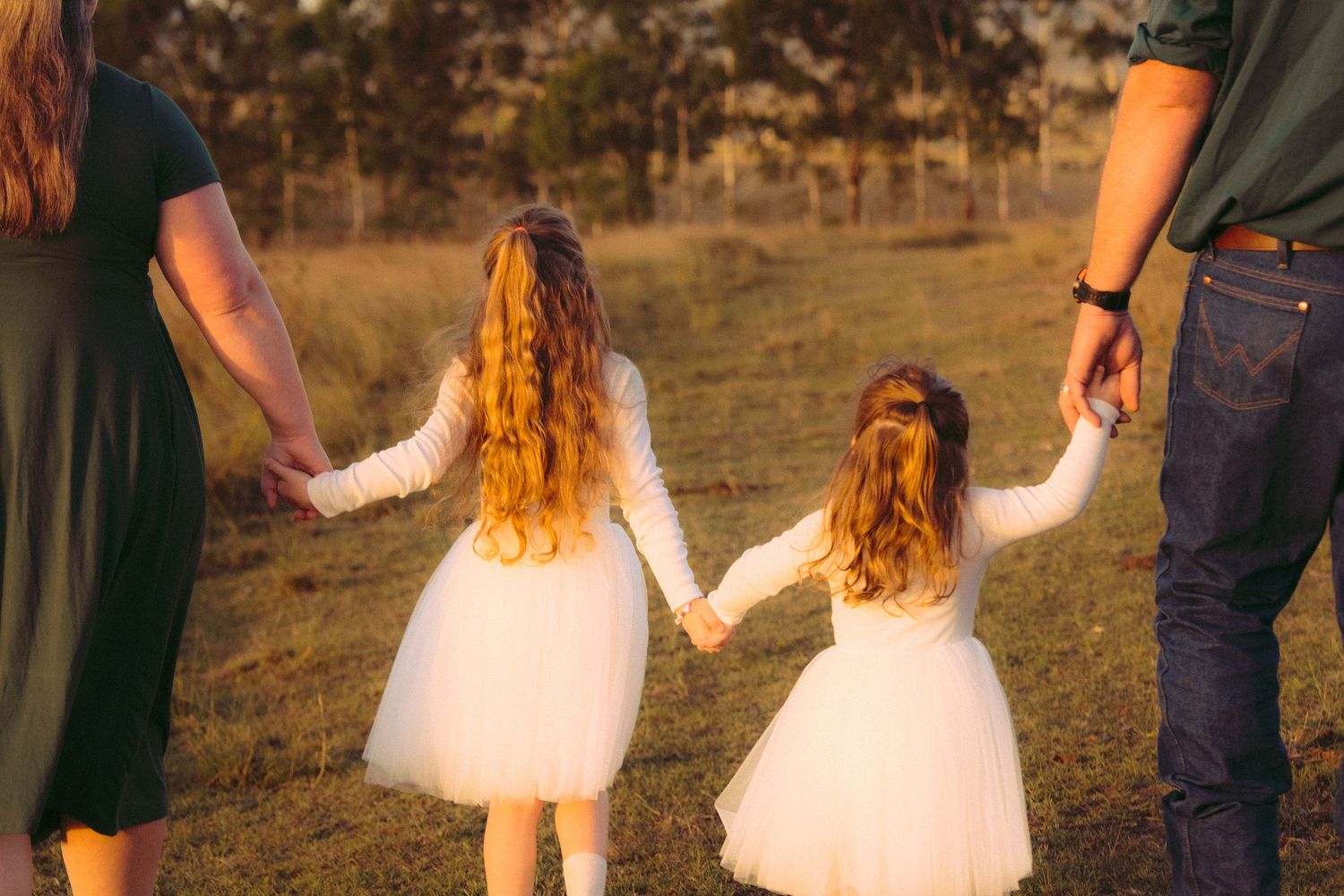 Family holding hands in the golden light during their family photo session