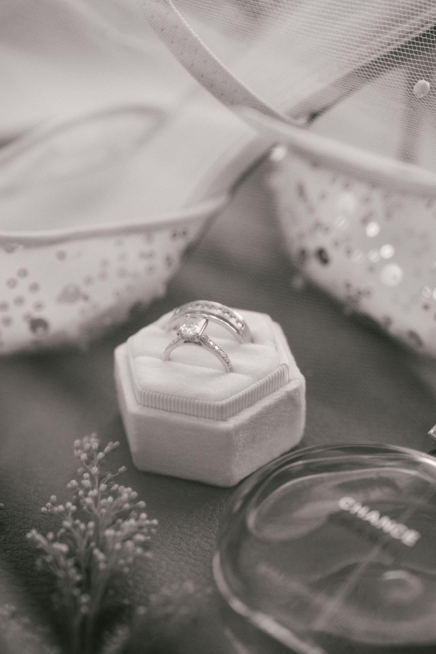 Bride's details of wedding ring, shoes and perfume on her wedding day