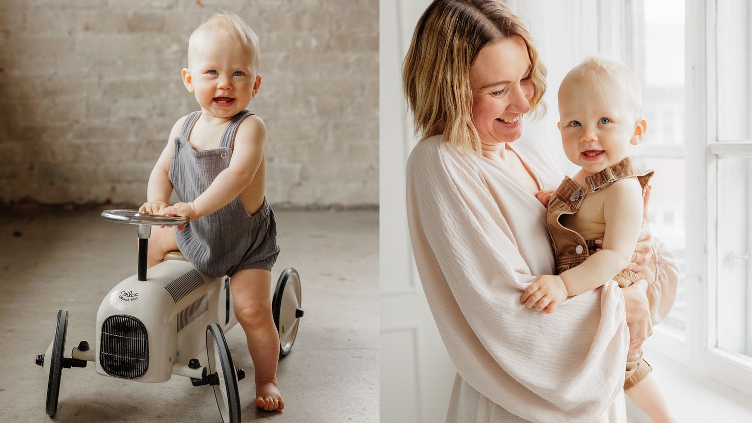 A family photoshoot. Baby boy sitting on a moped and smiling to a camera. Mother holding a child in front of a window and both smiling.