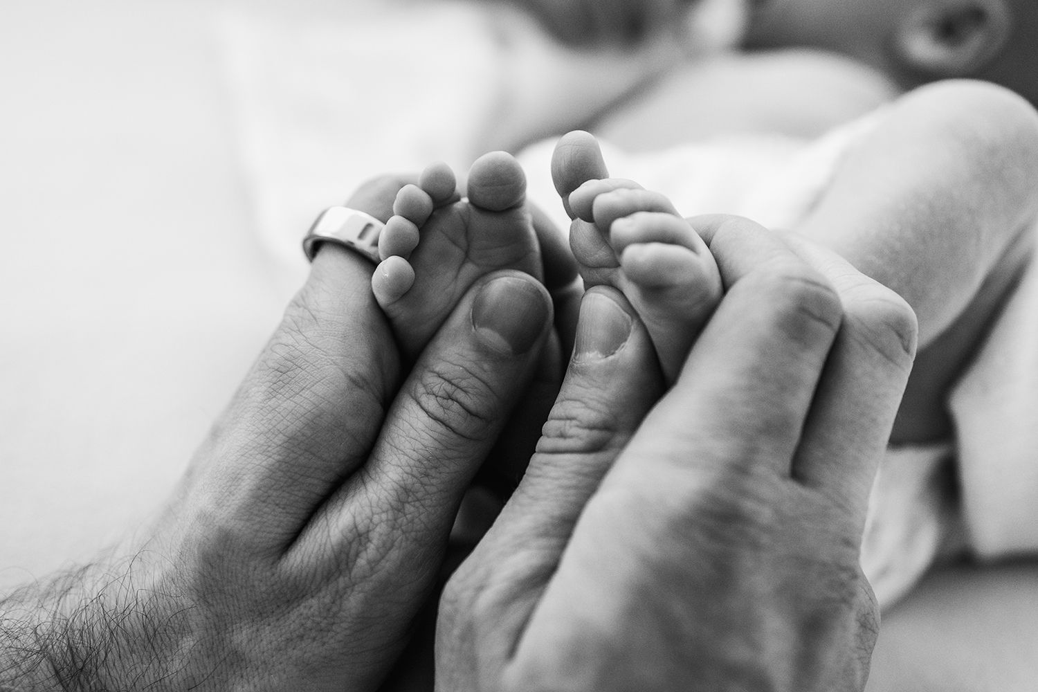 A parent holding a newborn baby feet. Close up. Black and white.