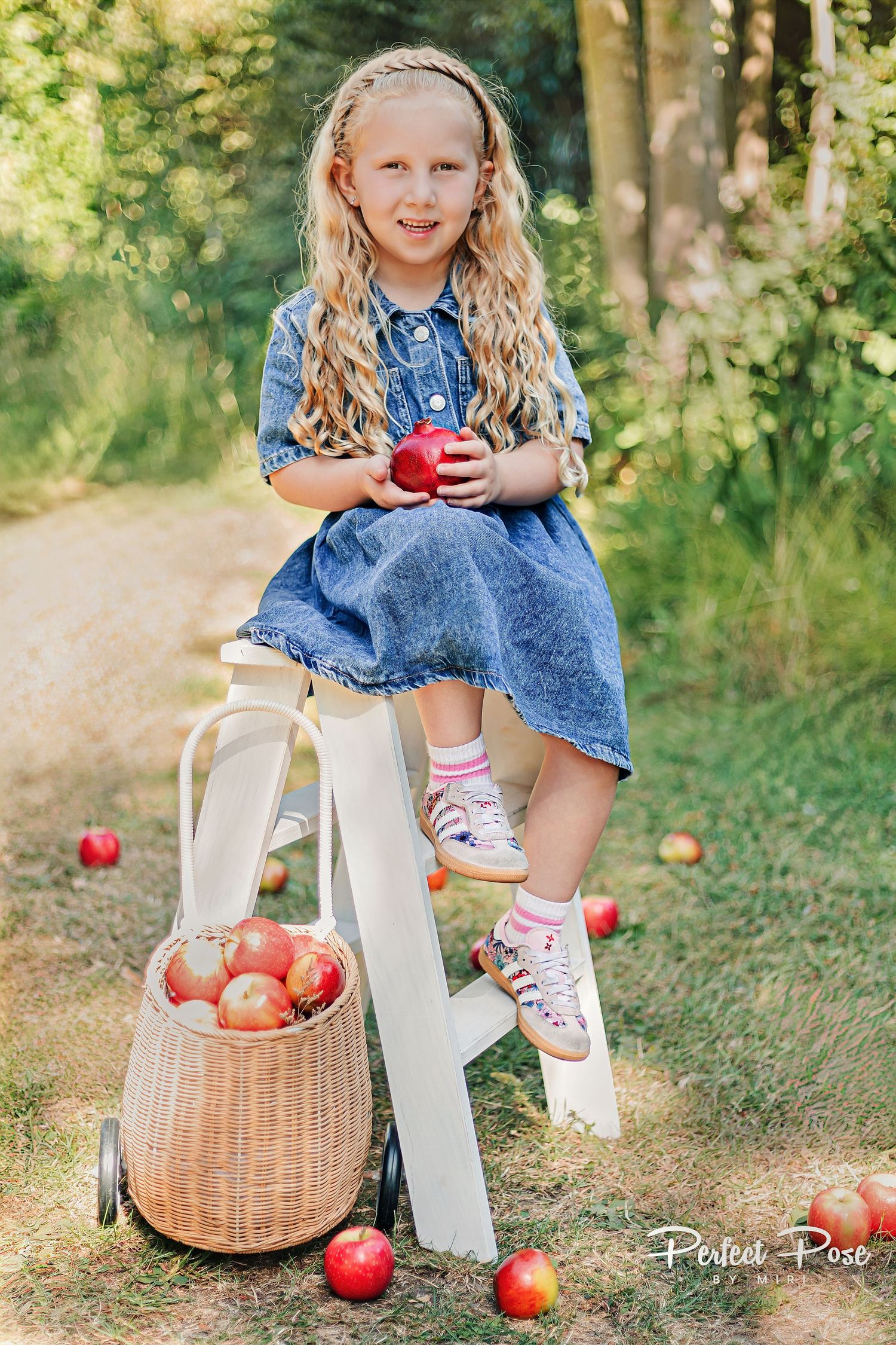 A young blonde girl in a denim dress sits on a white stool holding a red apple with a basket of apples nearby.