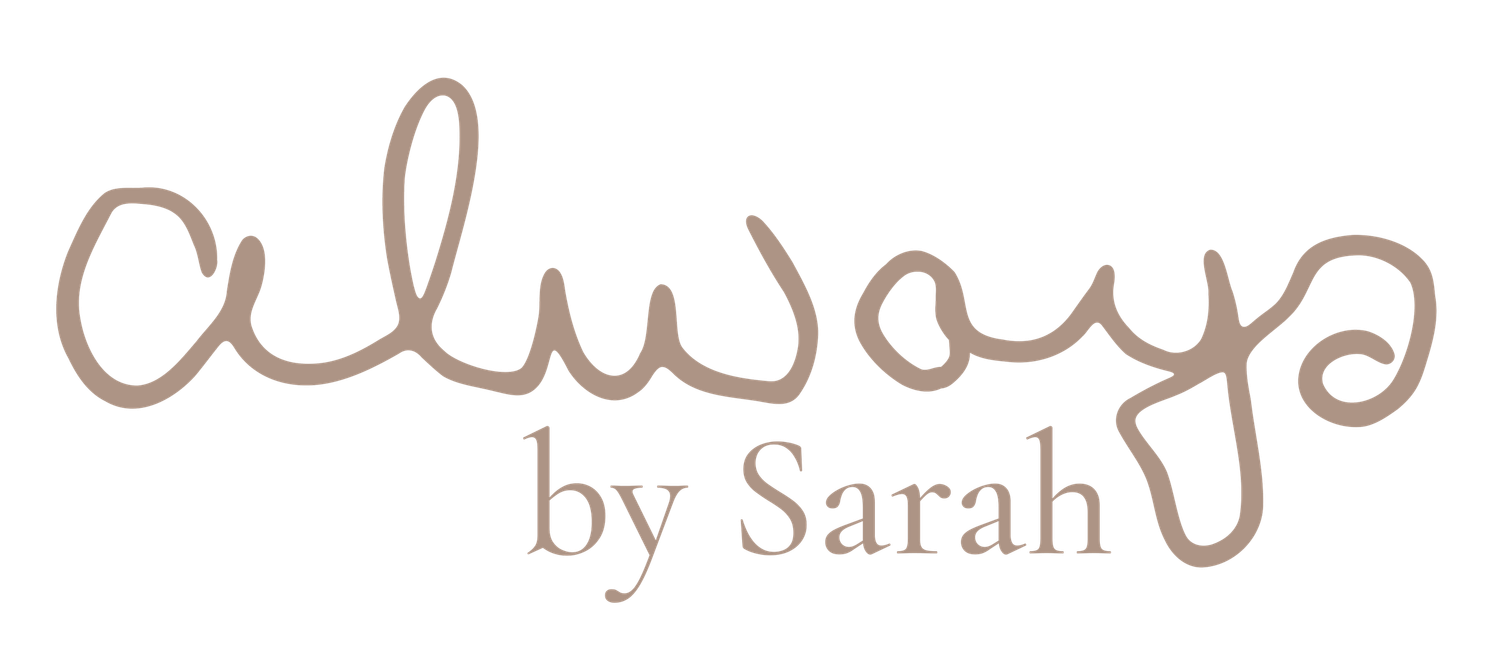 Always by Sarah handwritten logo in elegant taupe cursive script on a white background.