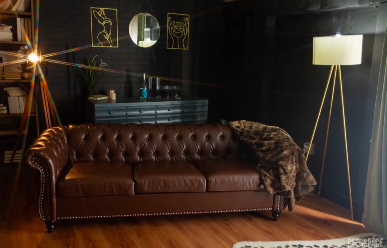 Boudoir studio Oregon City, OR - brown leather couch