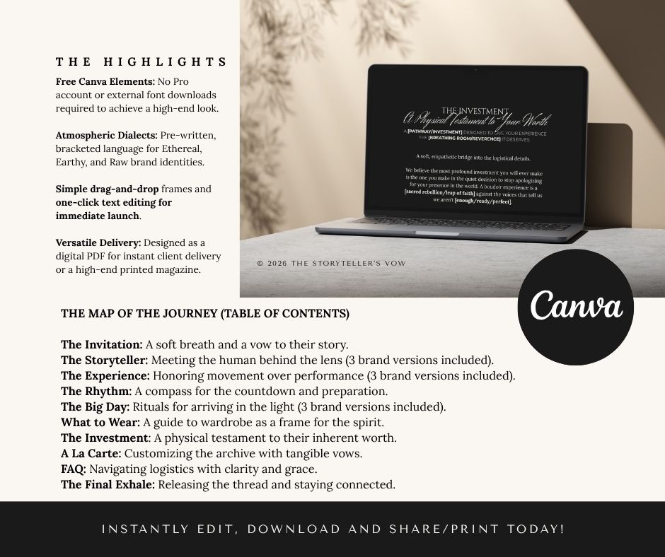 Canva digital product template featuring The Storyteller's Tour guide with highlighted features and table of contents on dark background.