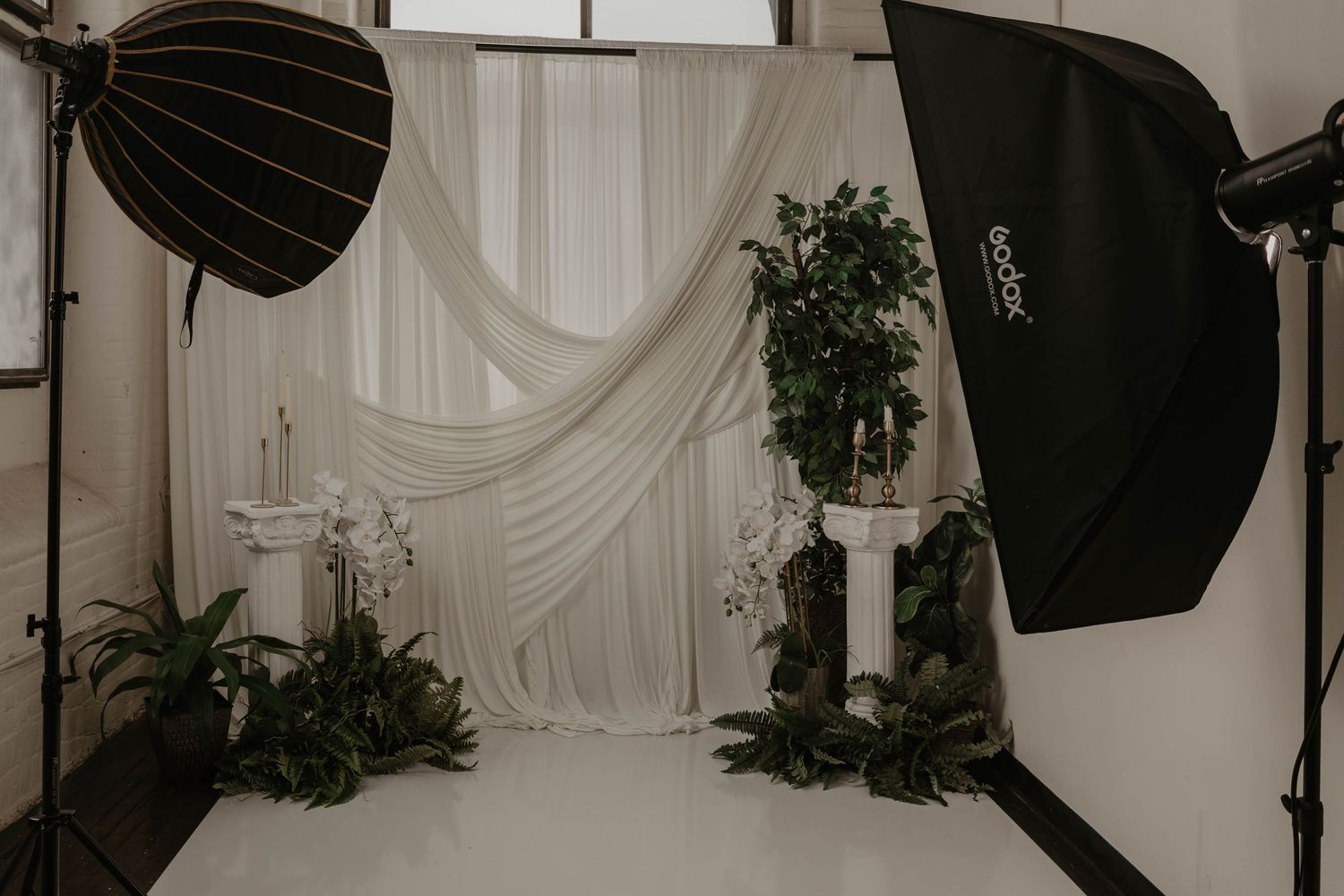 Photography studio with draped white backdrop, green plants, white pedestals, and professional softbox lighting.
