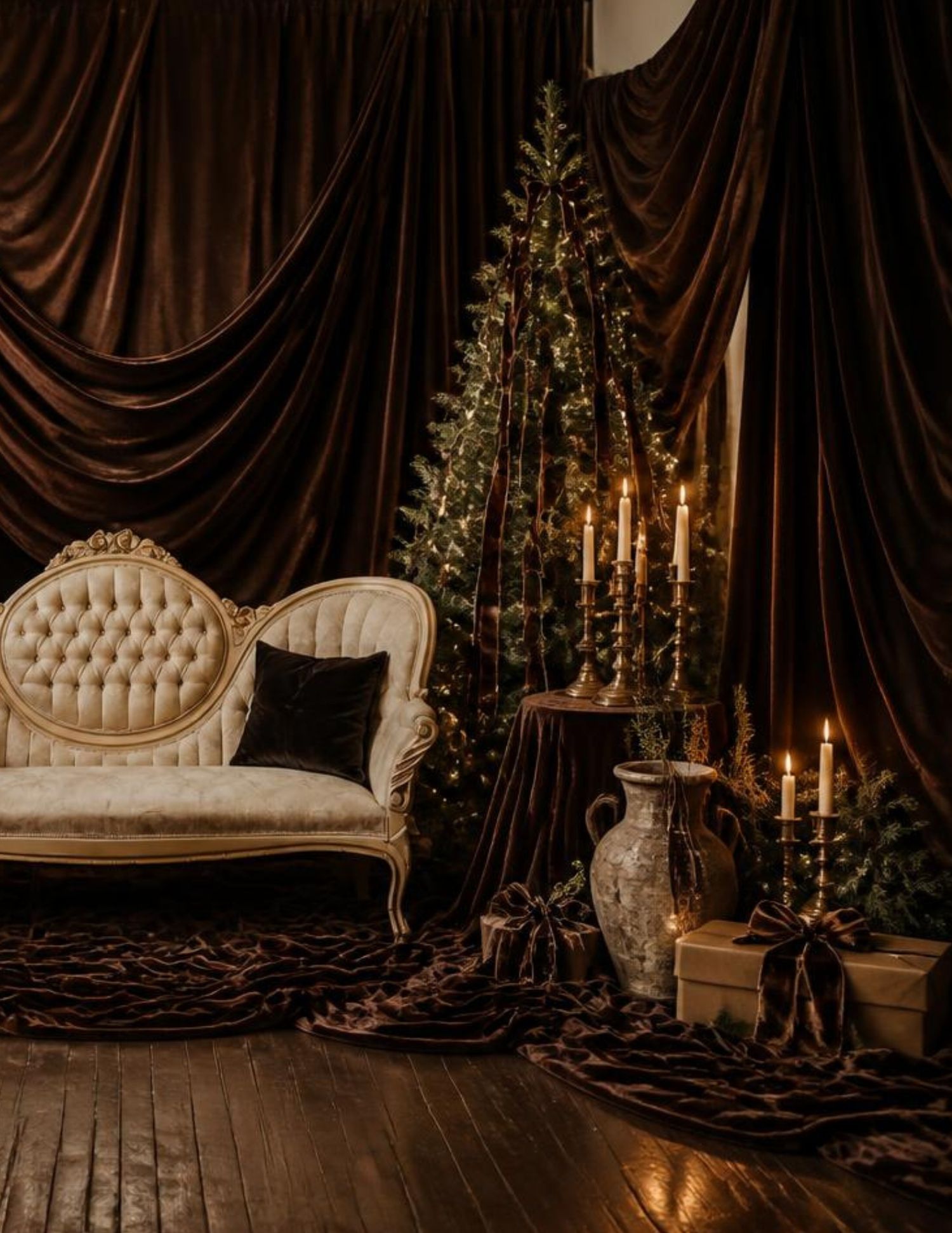 Elegant Victorian sofa with tufted back beside a lit Christmas tree, candles, and rich brown velvet drapes.