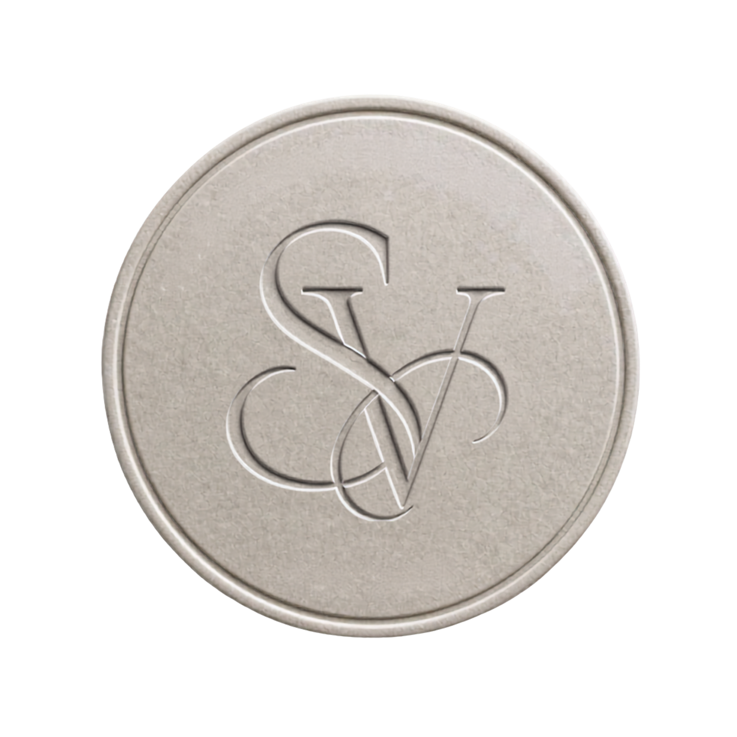 Silver coin featuring an elegant interlocked SV monogram logo embossed on a matte metallic surface.