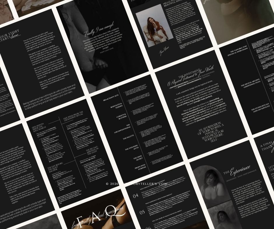 Dark elegant multi-page photography guide template with black background and white text, showcasing FAQ and experience sections.