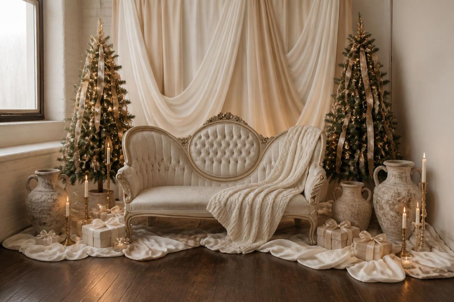 Elegant white tufted sofa with gold Christmas trees, candles, gifts, and draped fabric in a luxurious holiday setting.
