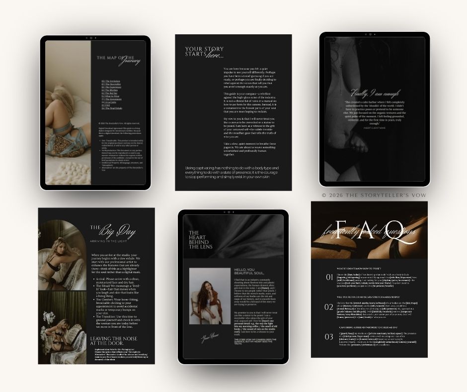 Dark elegant photography client guide mockup displayed on tablets featuring FAQ and boudoir session info pages.