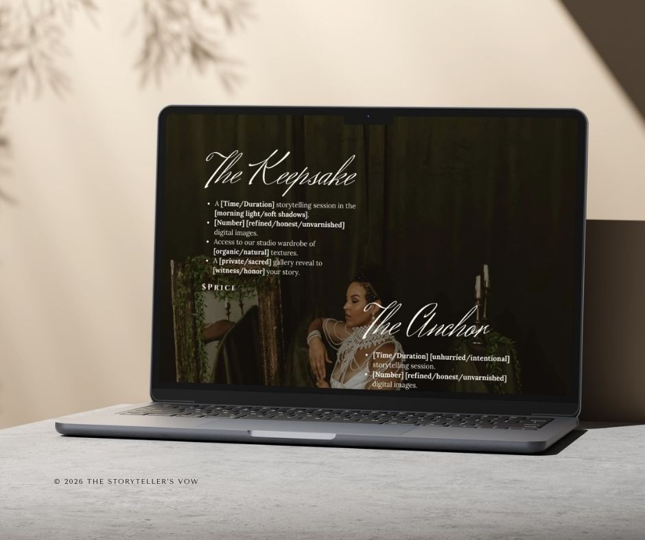 A laptop displaying an elegant dark-themed website with cursive typography showing 'The Keepsake' and 'The Anchor' sections.
