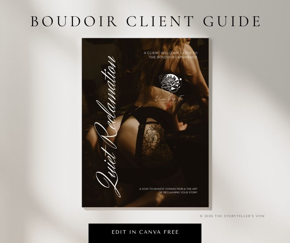 Elegant boudoir client guide Canva template featuring a dark romantic cover design with cursive text, editable for photographers.
