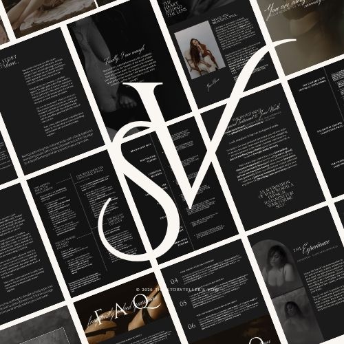Elegant dark-themed brand identity design with monogram logo, featuring stylish editorial layouts in black and white.