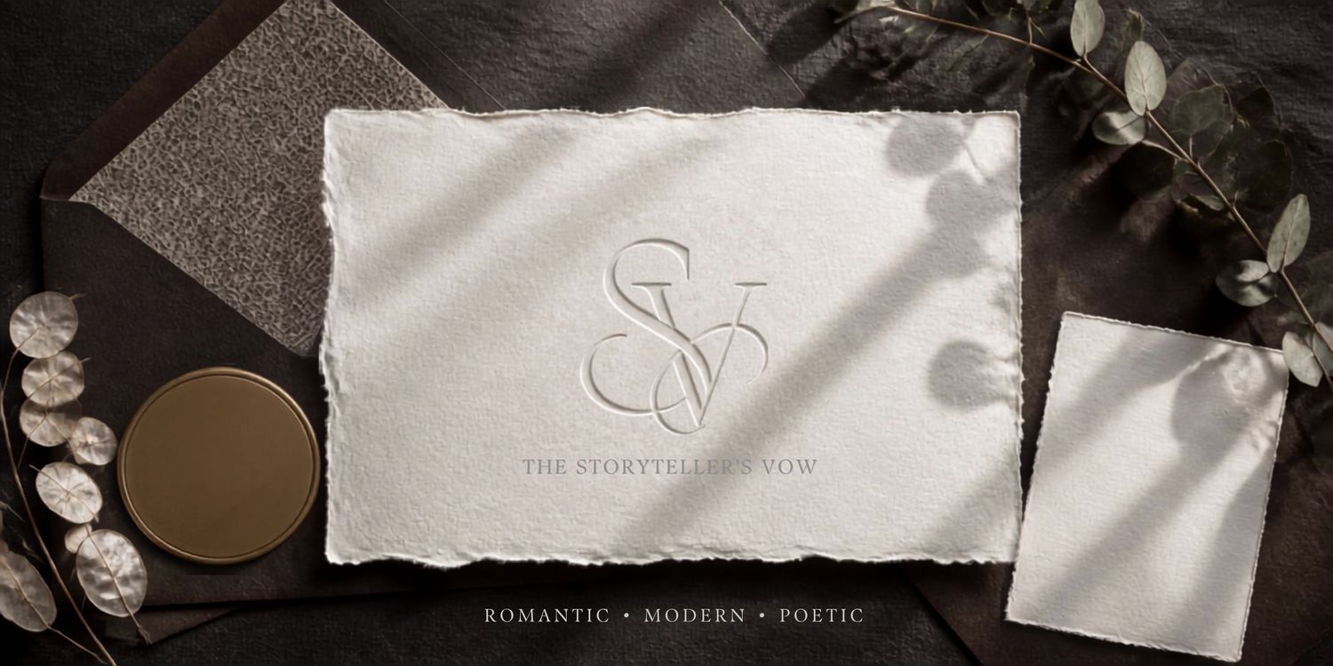 Elegant wedding stationery with monogram Storytelleron textured paper, styled with greenery and metallic accents, romantic modern aesthetic.