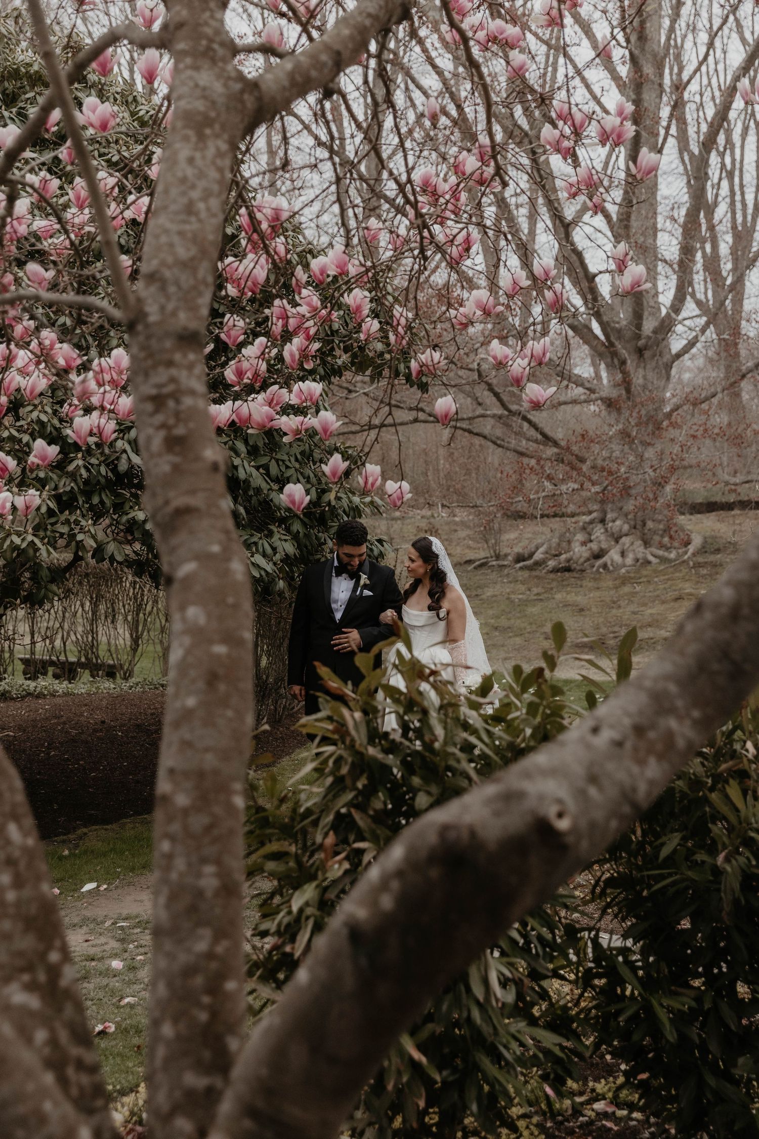 Bride and groom sharing intimate moment under blooming pink magnolia trees in lush garden setting.