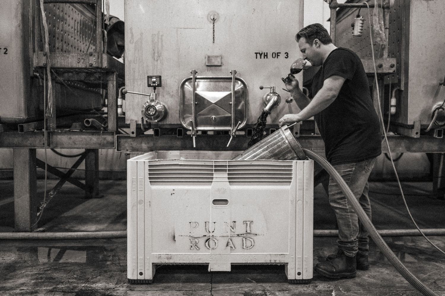 Winemaker operating Punt Road winery equipment during harvest - commercial wine industry photography