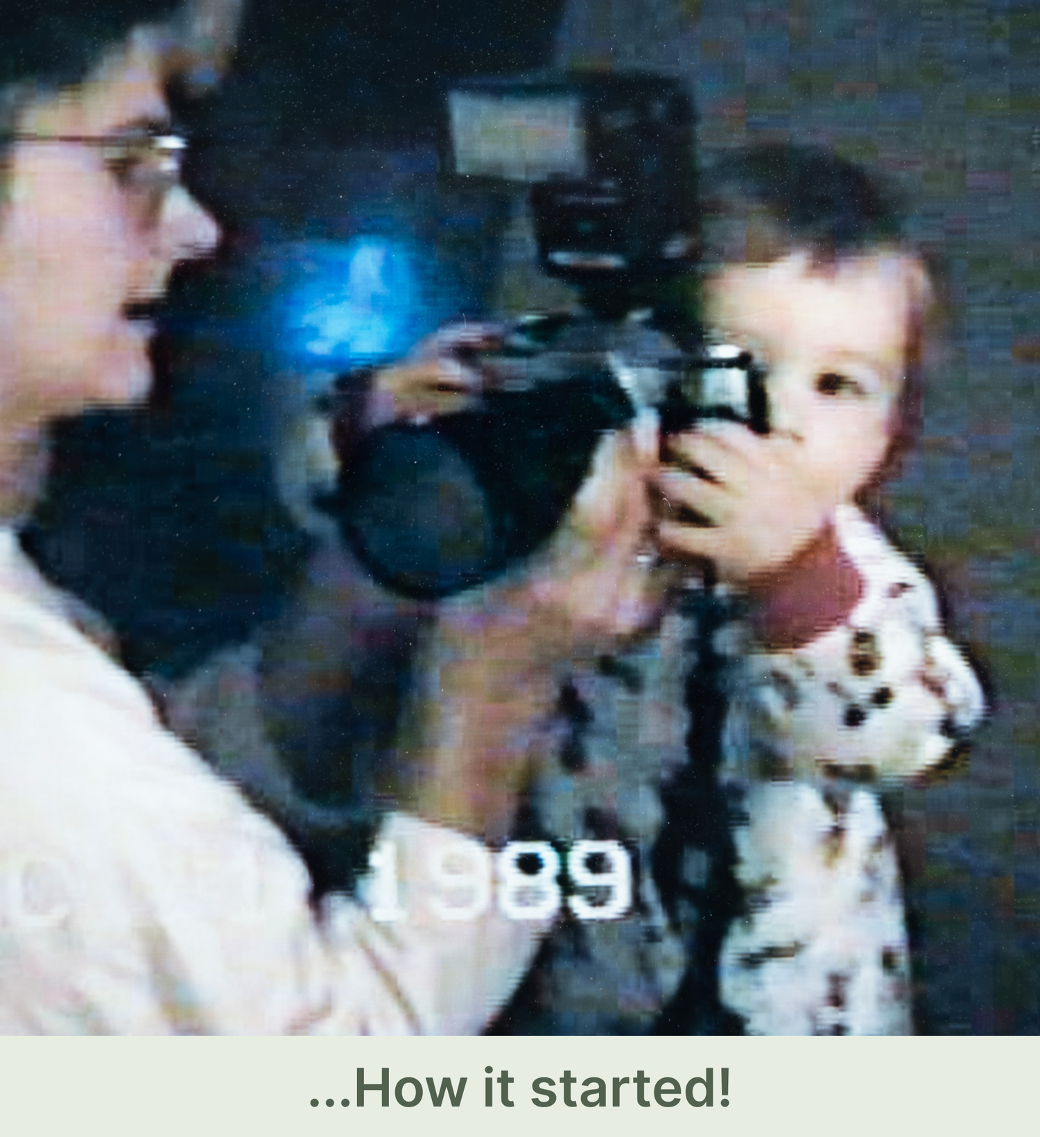 Vintage 1989 photo of Matthew Rigby taking his first photo with help from his mother, using her camera and flash together in dim lighting.