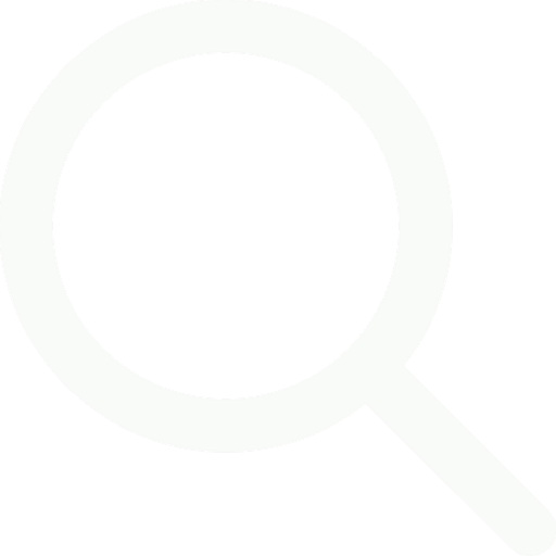 Minimalist white magnifying glass icon on transparent background.