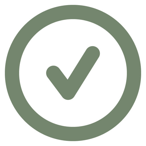 A sage green circular icon with a white checkmark symbol in the center indicating approval or completion.