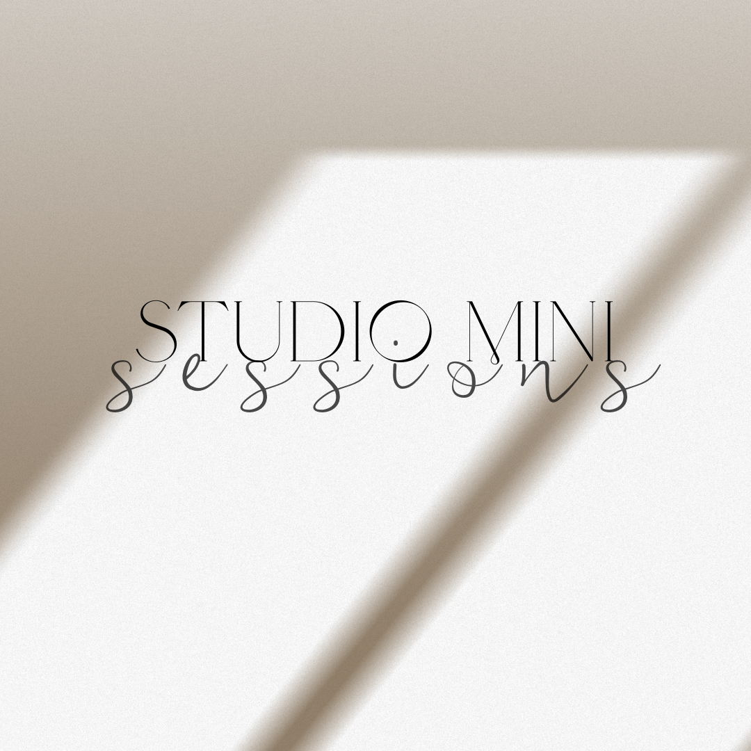 Minimalist Studio Mini Sessions logo with elegant serif and script typography on a neutral beige background.