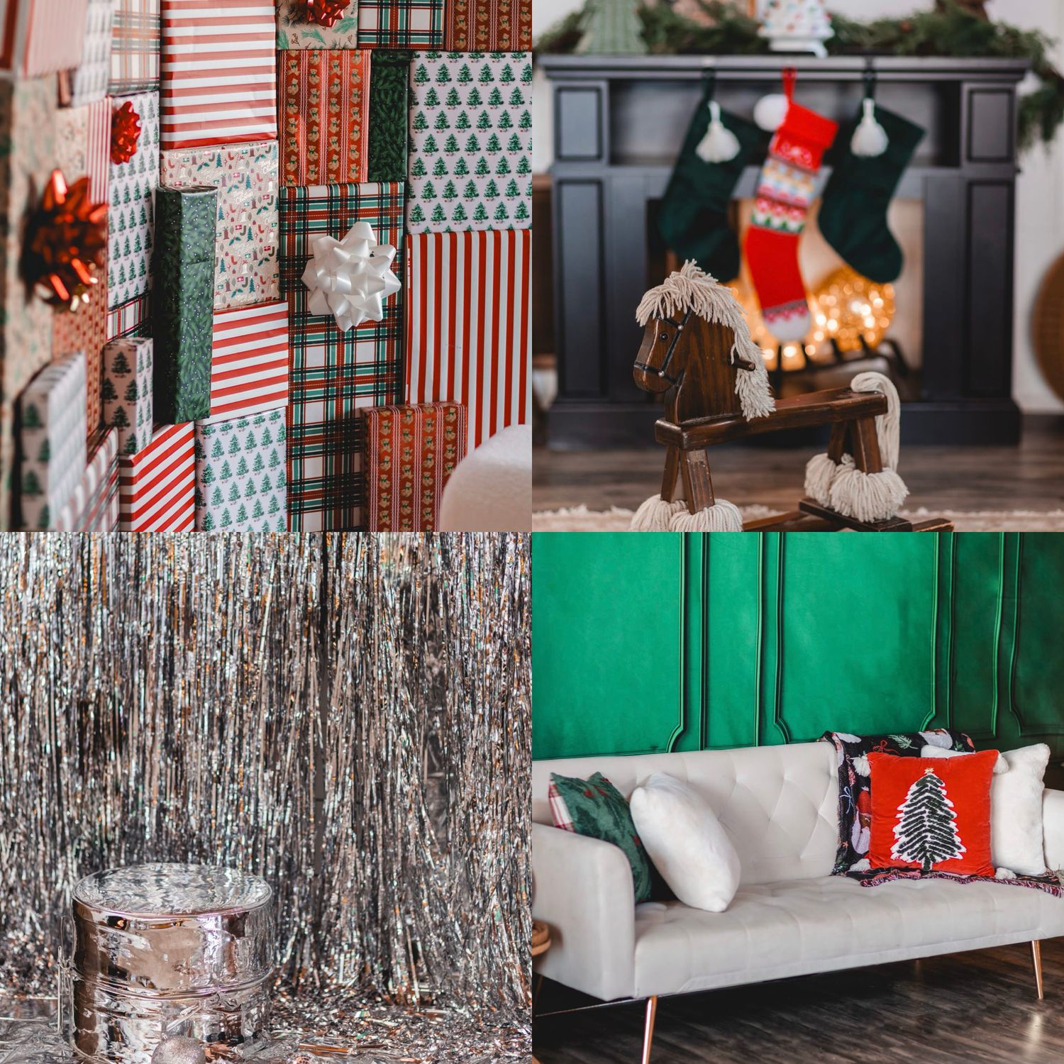 Collage of four Christmas photo backdrops: wrapped gifts, a stocking mantel with rocking horse, silver tinsel curtain, and a green wall with
