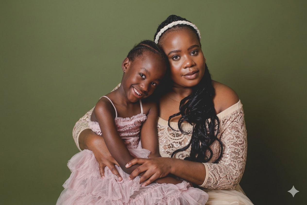 A mother and young daughter in pink dresses pose together against an olive green background in a studio portrait.