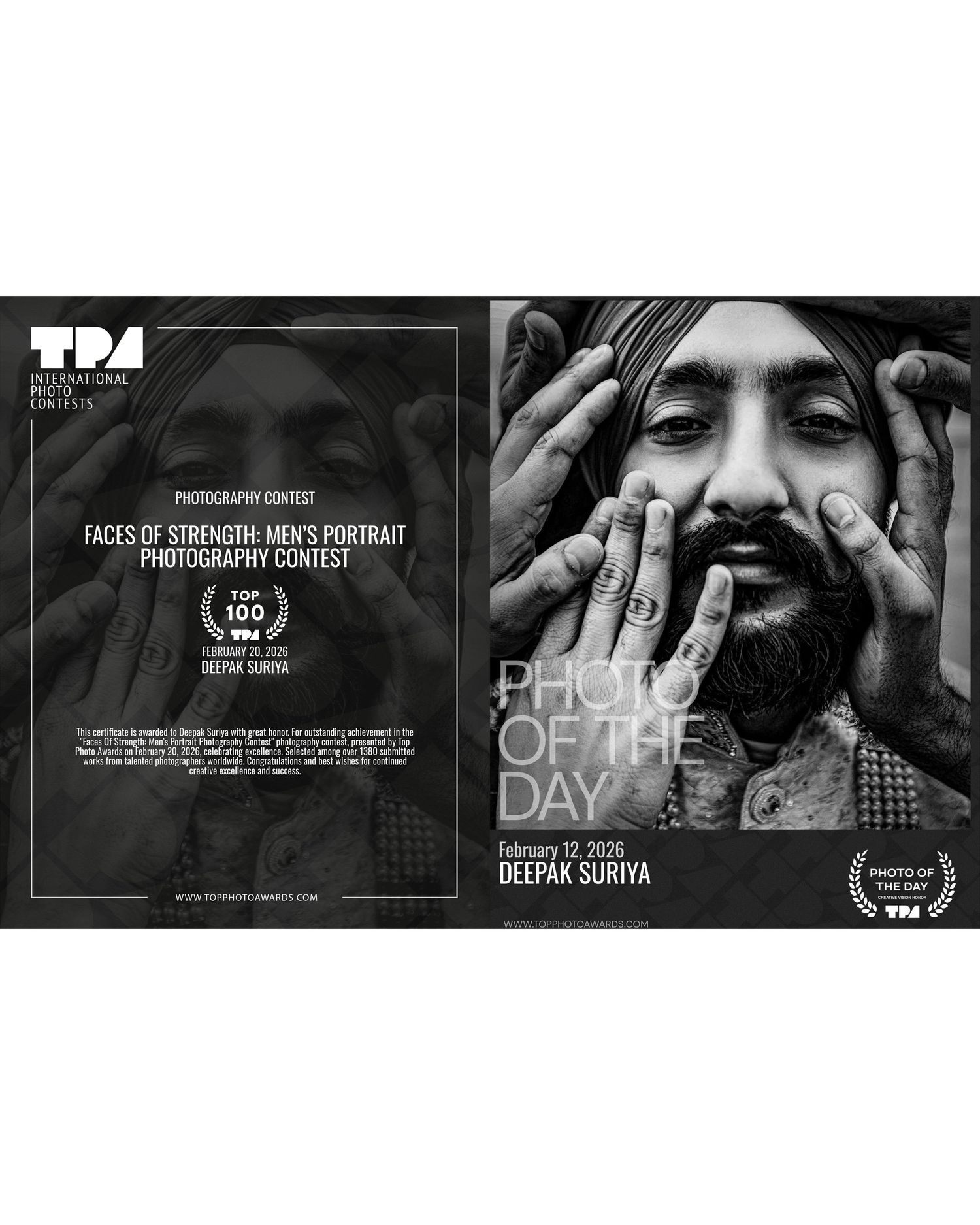 Black and white portrait of a Sikh man, TPA Photo of the Day award by Deepak Suriya, February 2020.
