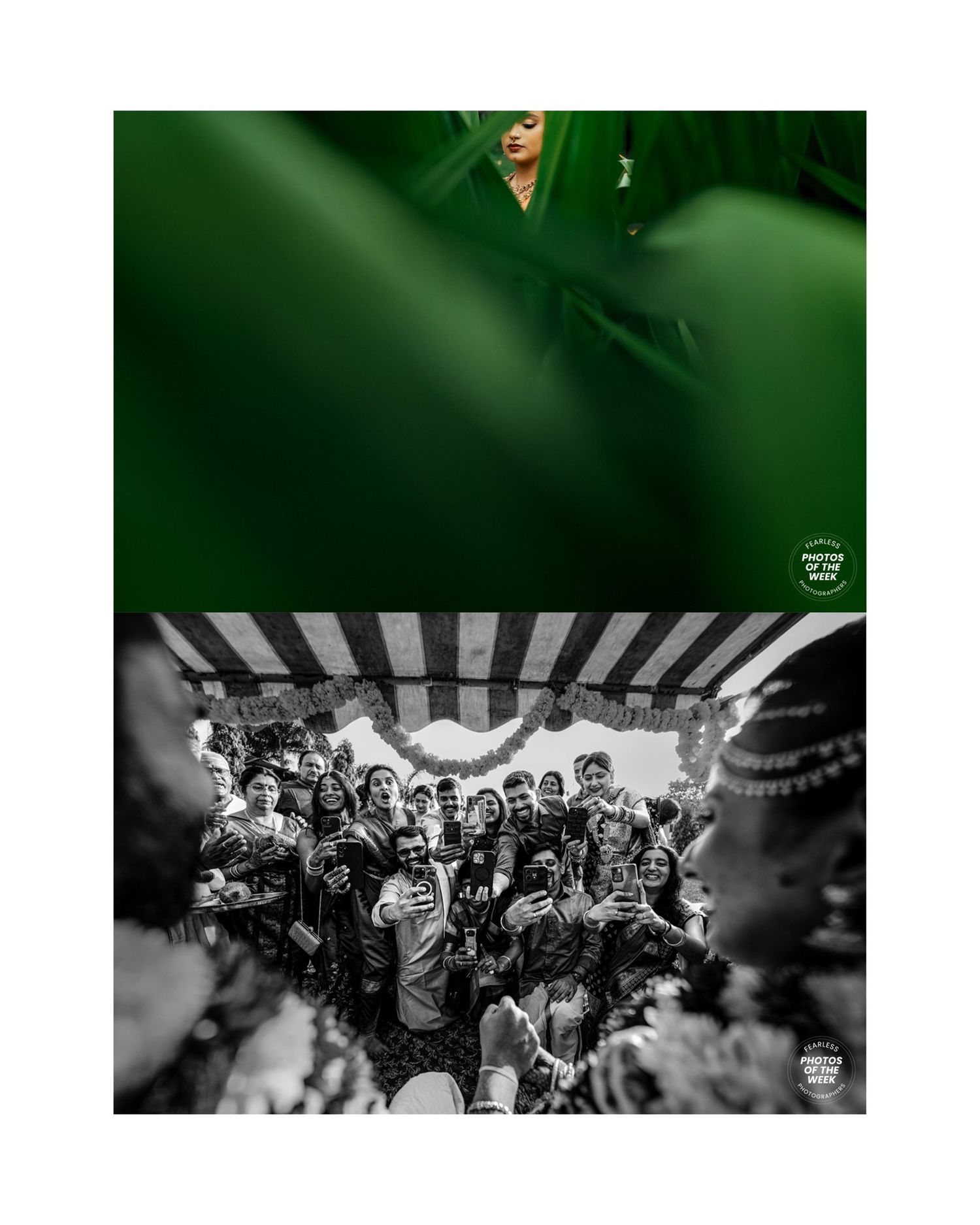 A vibrant split photo showing a woman in green above a black and white crowd celebrating at a festive gathering.