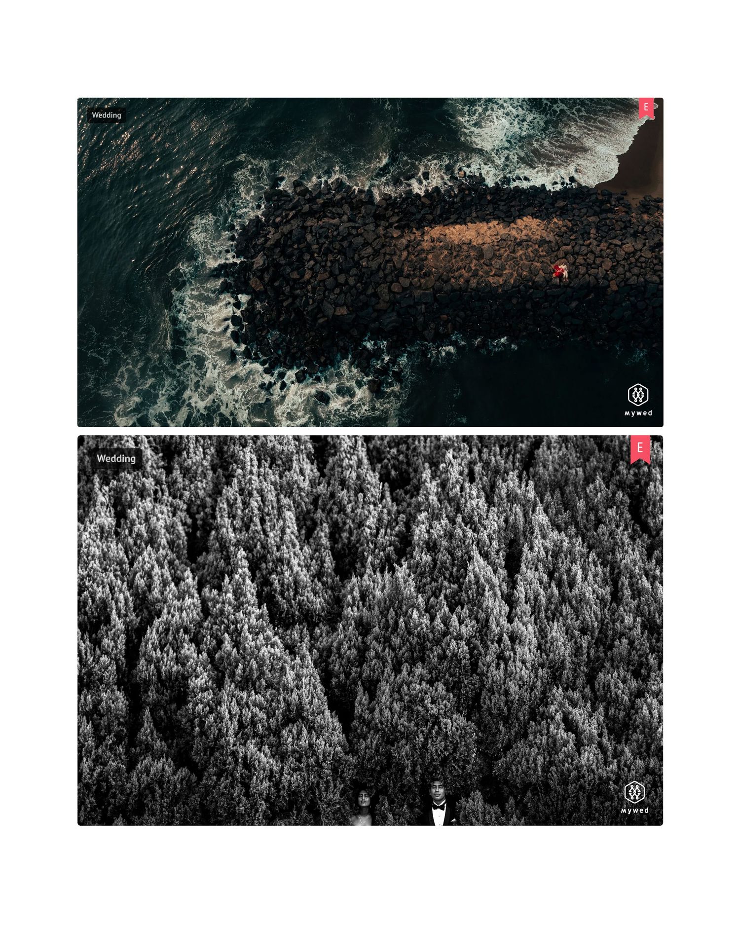 Aerial wedding photos showing couple on rocky coastline and among snow-dusted forest trees.