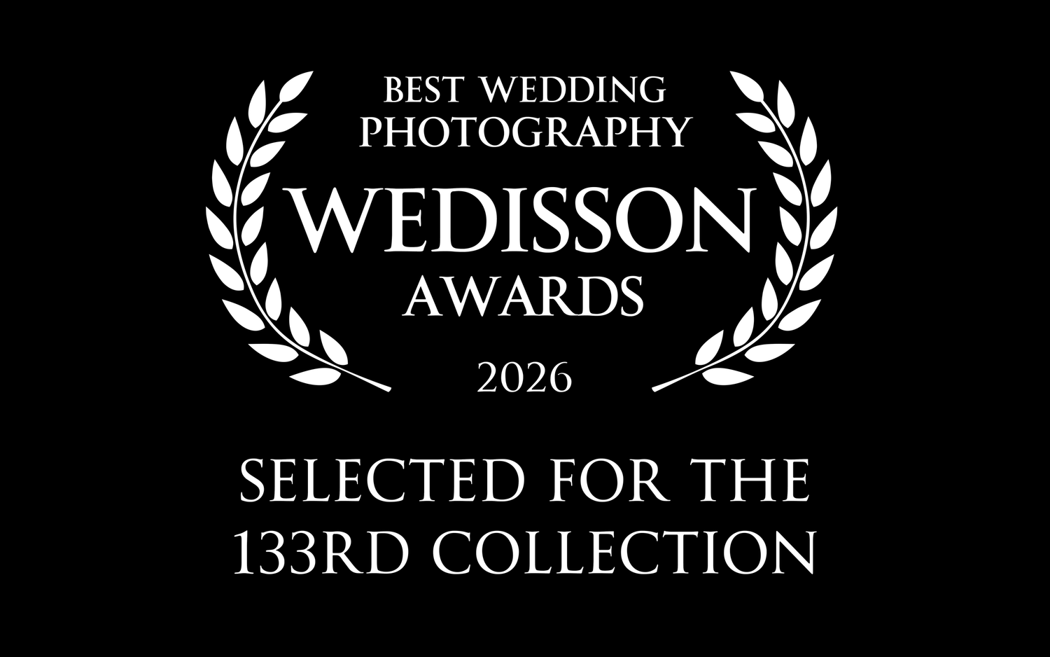 Wedisson Awards 2026 Best Wedding Photography badge, selected for the 133rd Collection, on black background.