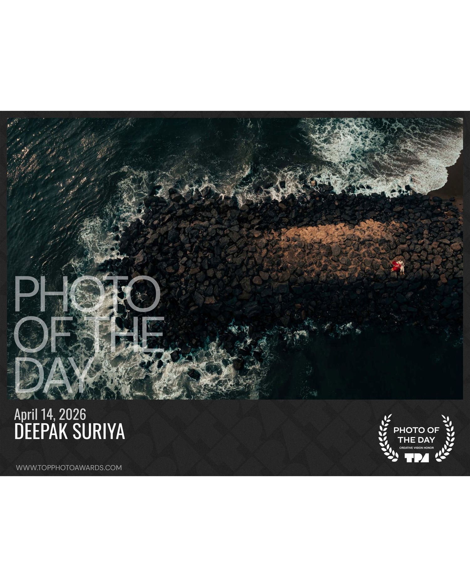 Aerial photo of rocky coastline with ocean waves, awarded Photo of the Day April 14, 2026 by Deepak Suriya.