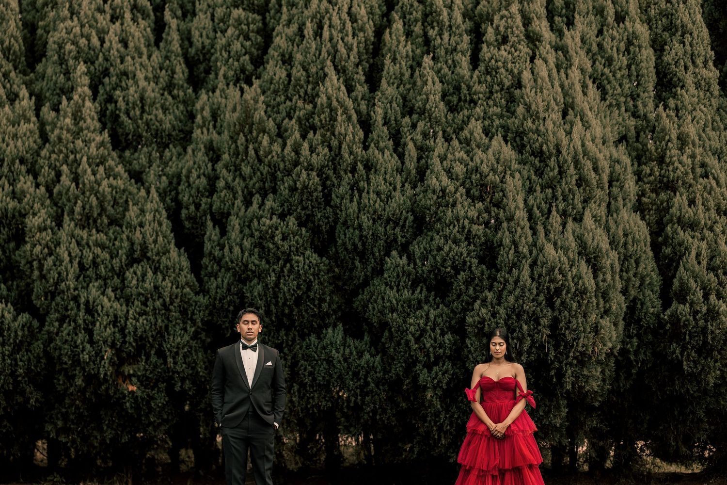 Couple in formal attire, man in black tuxedo and woman in red gown, posing before lush green cypress trees.