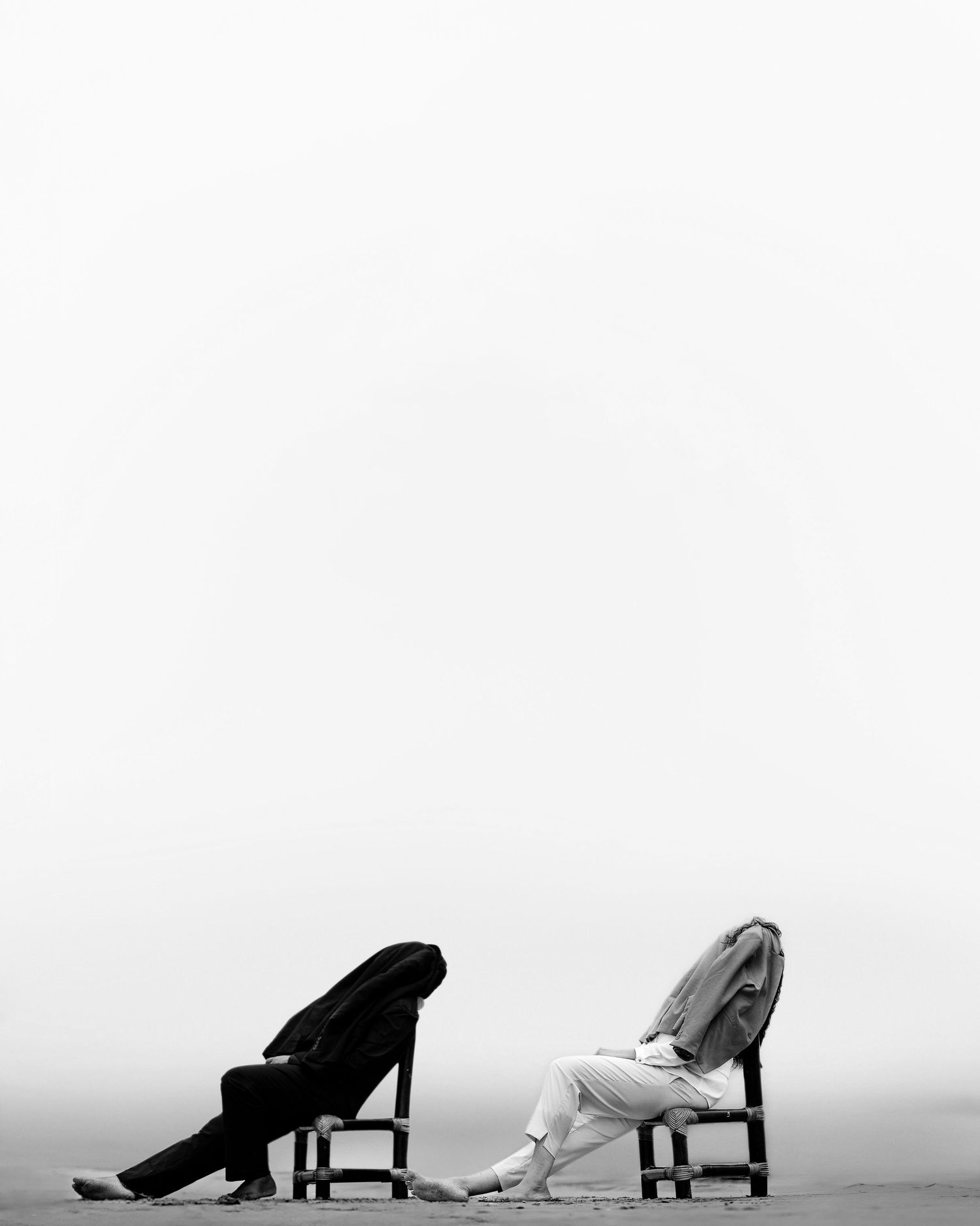 A black and white photo sequence showing a person dramatically collapsing onto a chair in four progressive stages.