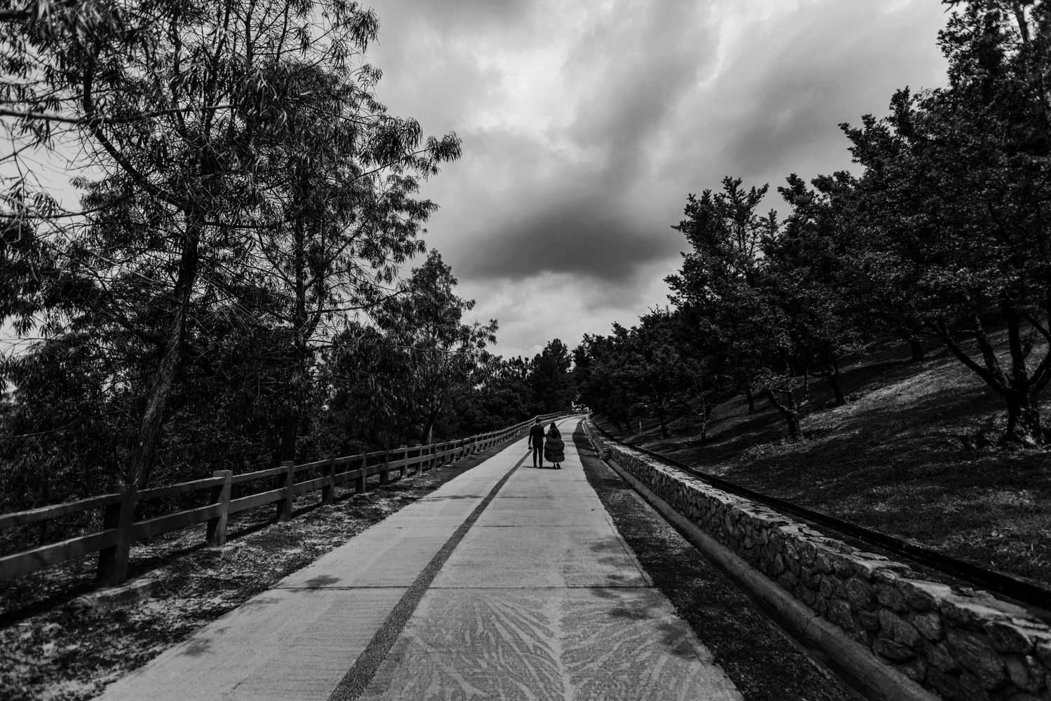 Couple walks along a scenic tree-lined pathway under dramatic cloudy skies in black and white photo.