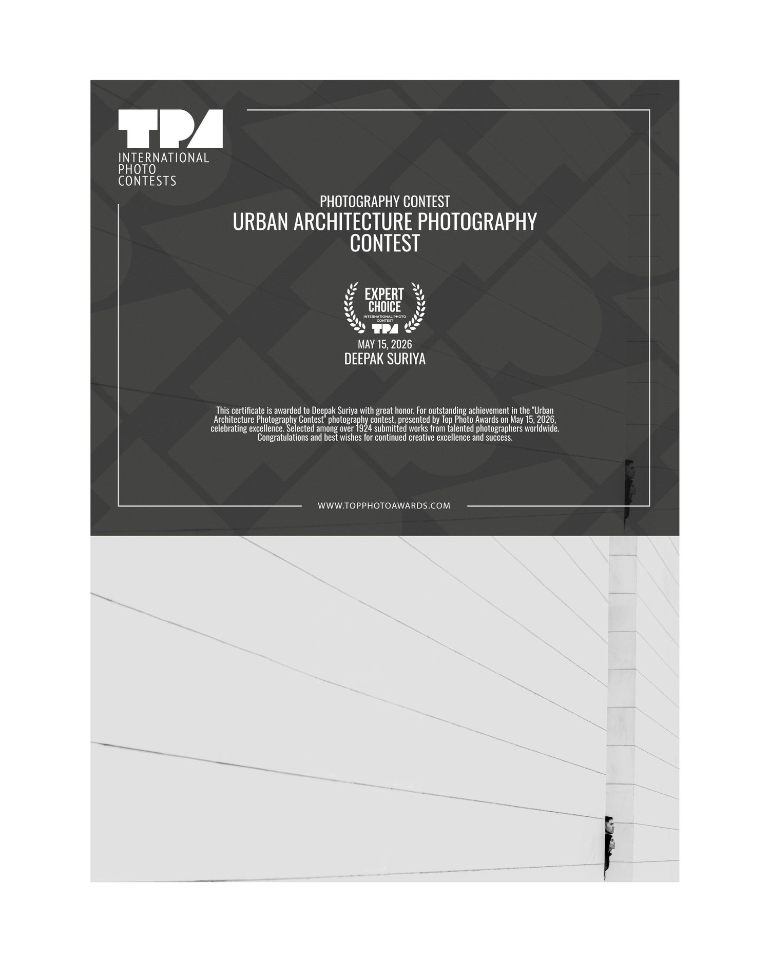 TPA Urban Architecture Photography Contest certificate with expert choice award and minimalist black and white architectural photo.