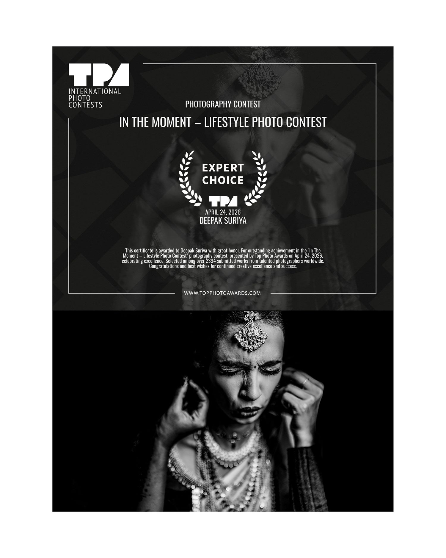 TPA International Photo Contests Expert Choice award certificate for Deepak Suriya in the Lifestyle Photo Contest.