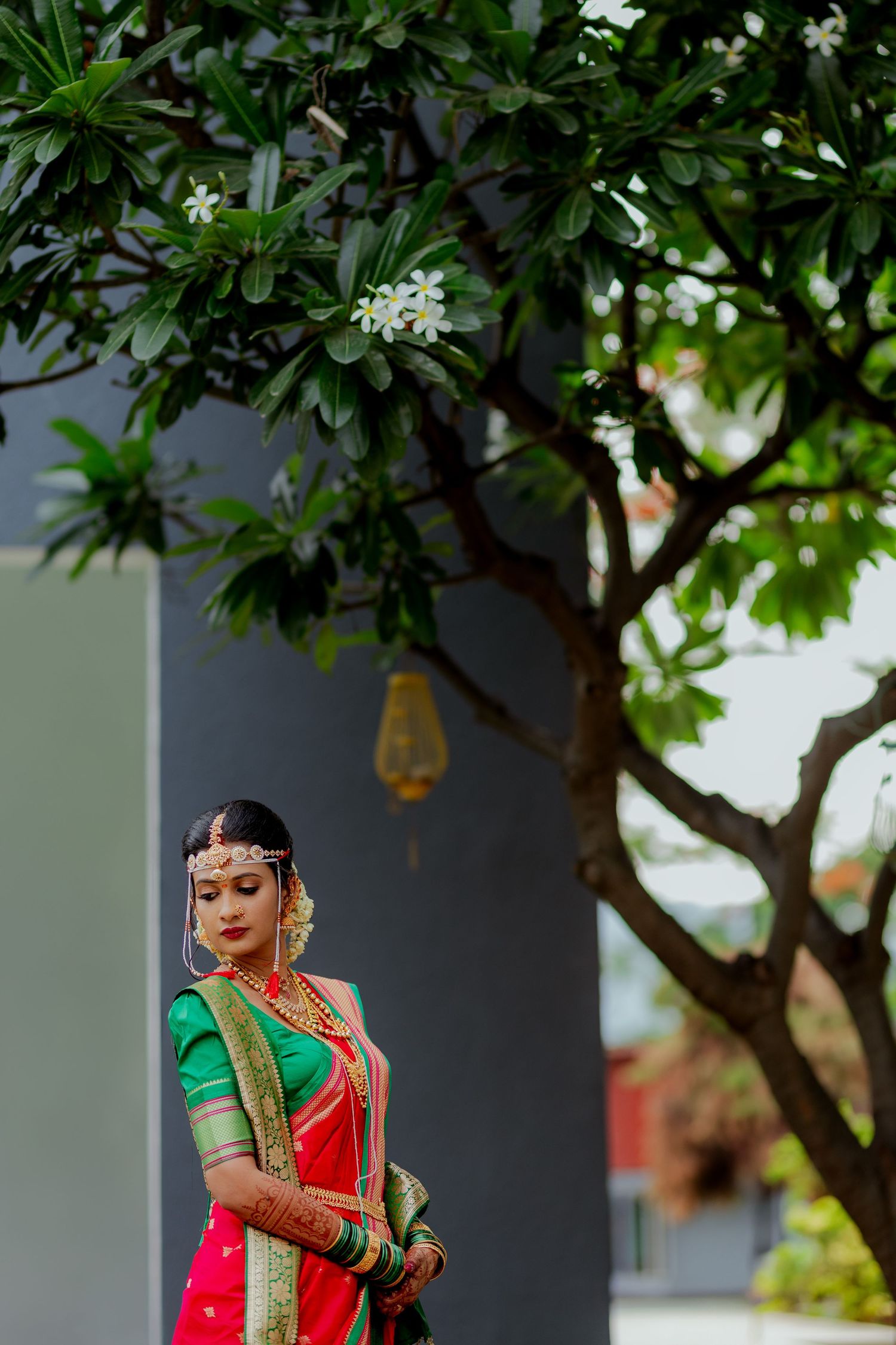 Traditional Indian bride in red and green saree poses elegantly under a lush green tree with white flowers.
