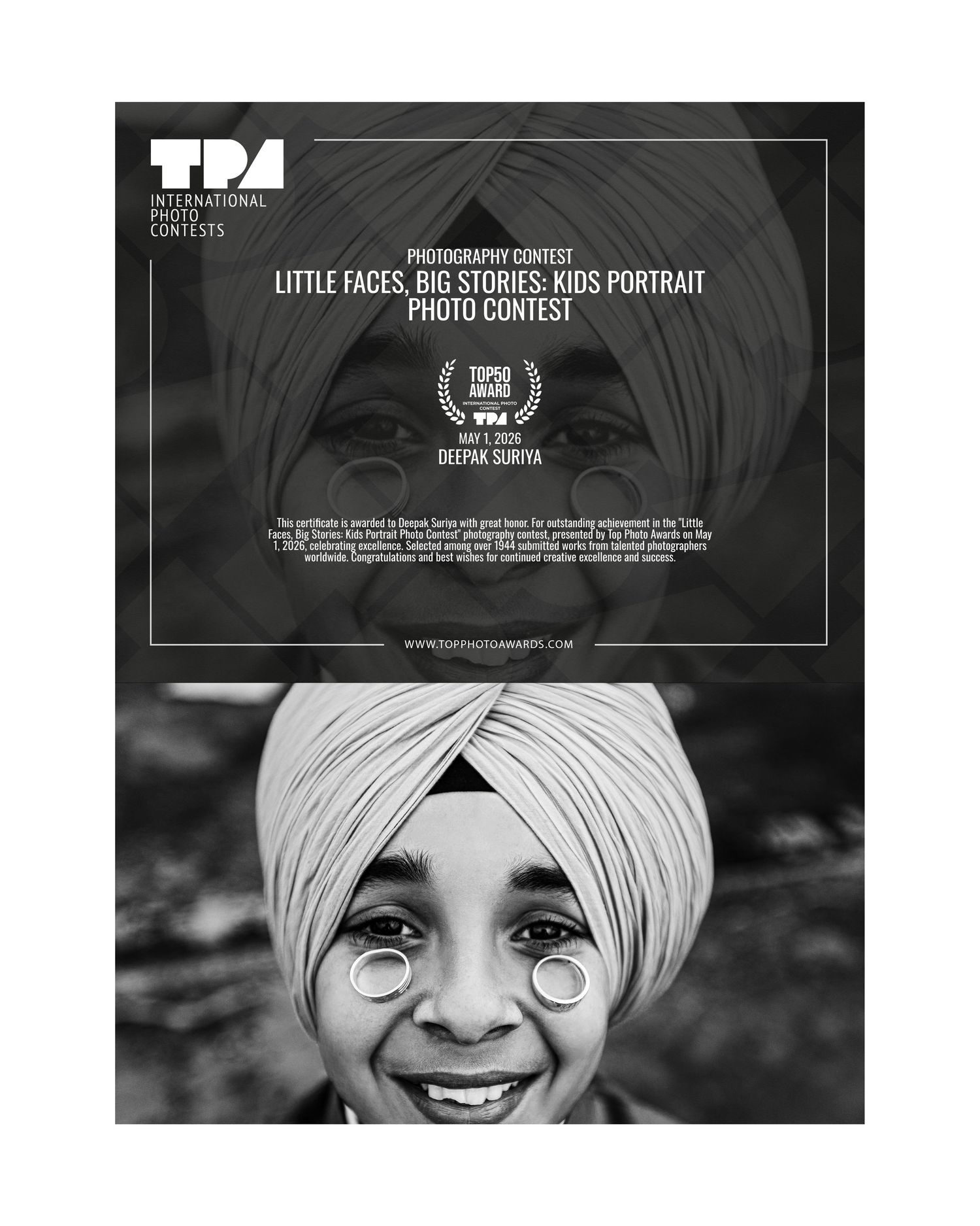 Black and white kids portrait photo contest certificate awarded to Deepak Suriya by TPA International Photo Contests.