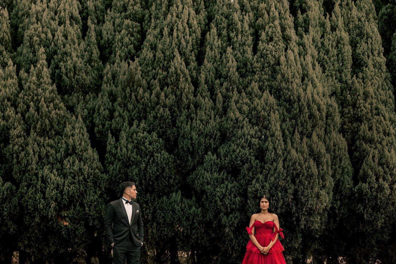 Couple in formal attire, man in black tuxedo and woman in red gown, posing before lush green pine trees.