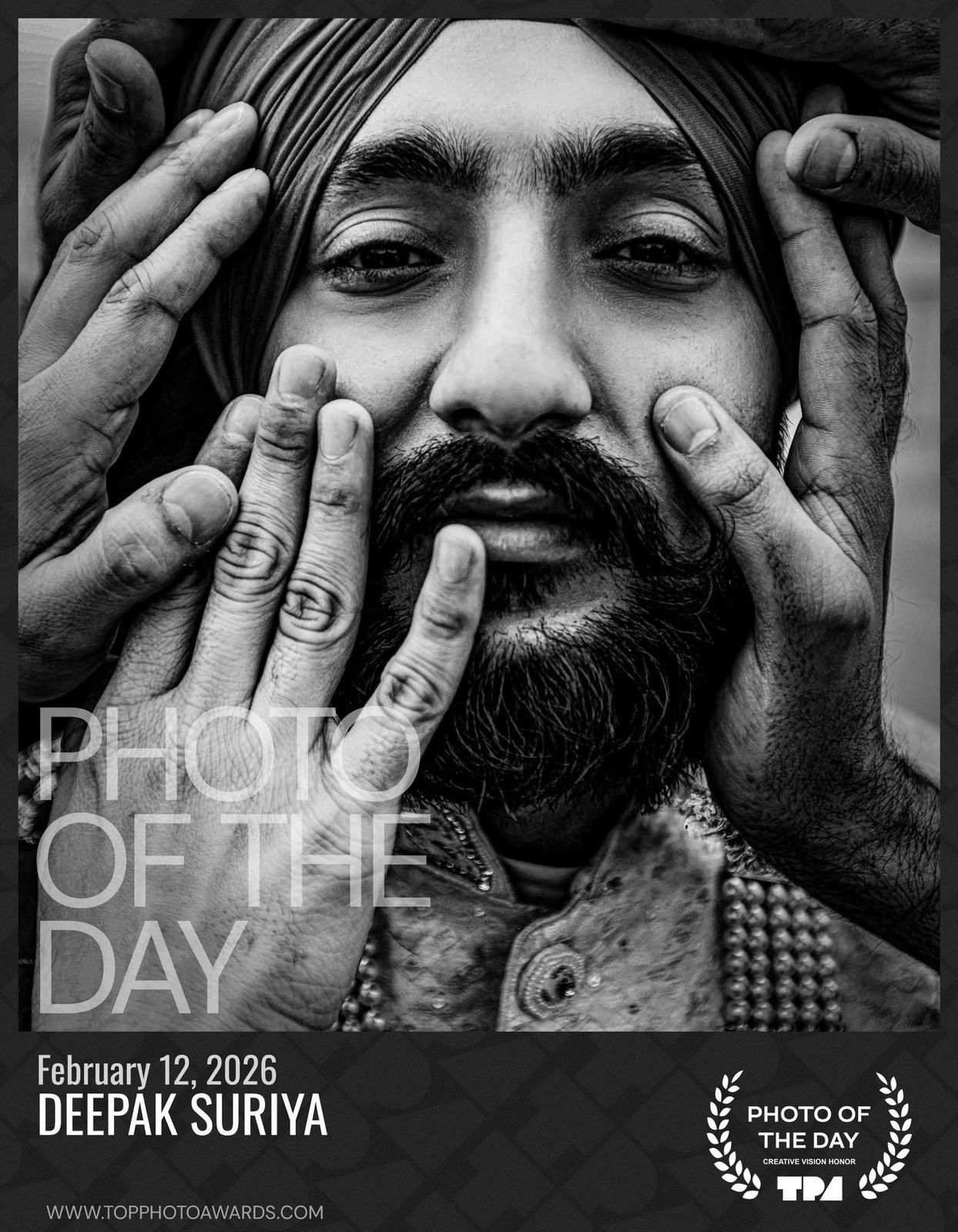 A black and white photo series showing hands covering parts of someone's face in an artistic composition.