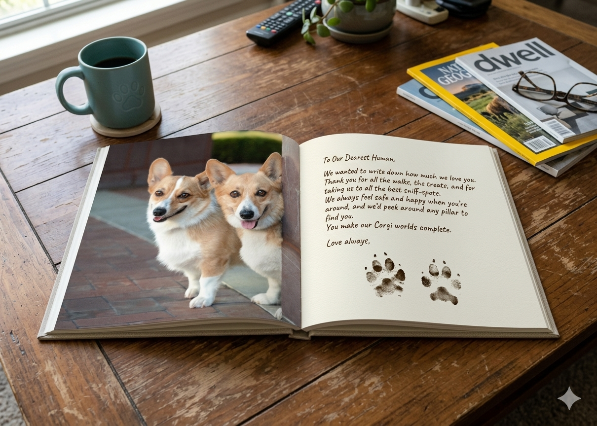 Open hardcover photo book featuring two corgi dogs with a personalized message, displayed on a wooden table next to a mug.