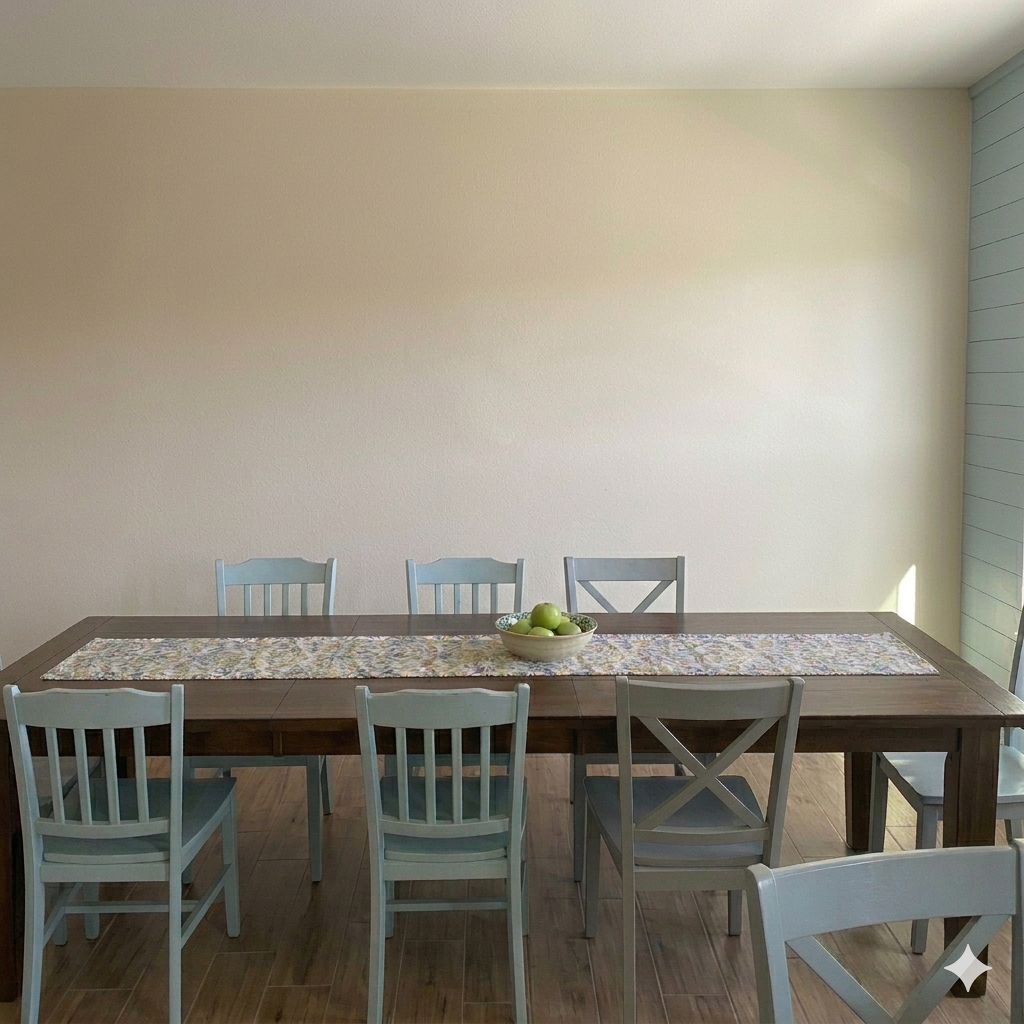 Rustic wooden dining table with light blue chairs and gray accents in a minimalist room with natural lighting.
