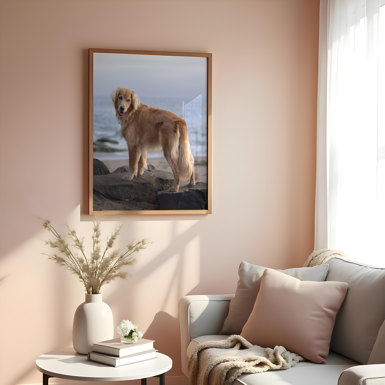 Cozy living room corner with neutral decor and framed dog photographs on peachy walls.