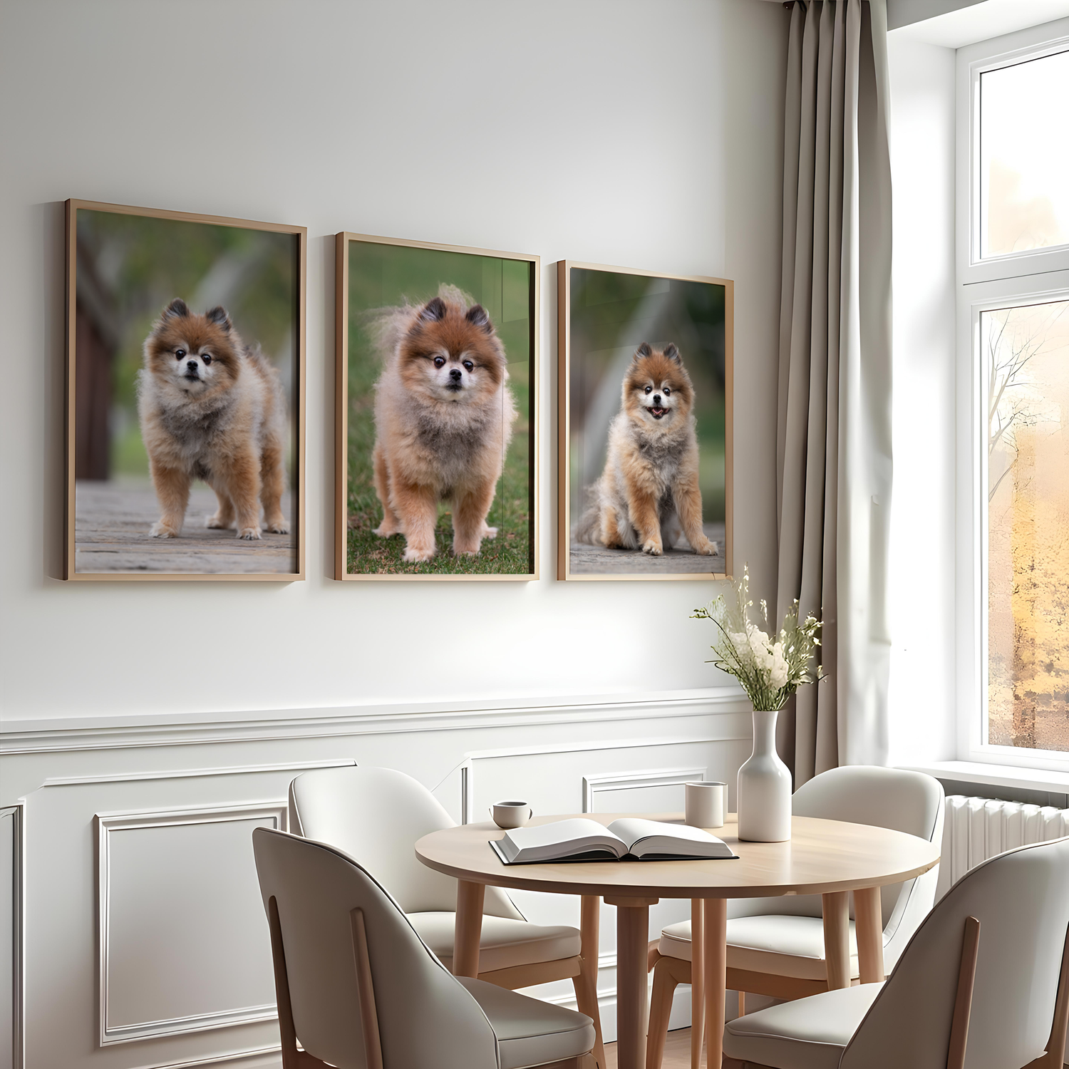 Elegant dining room with white walls featuring a gallery wall of framed dog photographs.