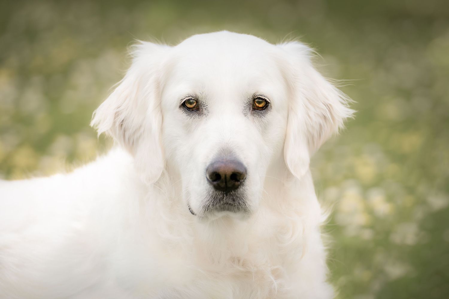 Close-up portrait of a white fluffy dog with gentle eyes.