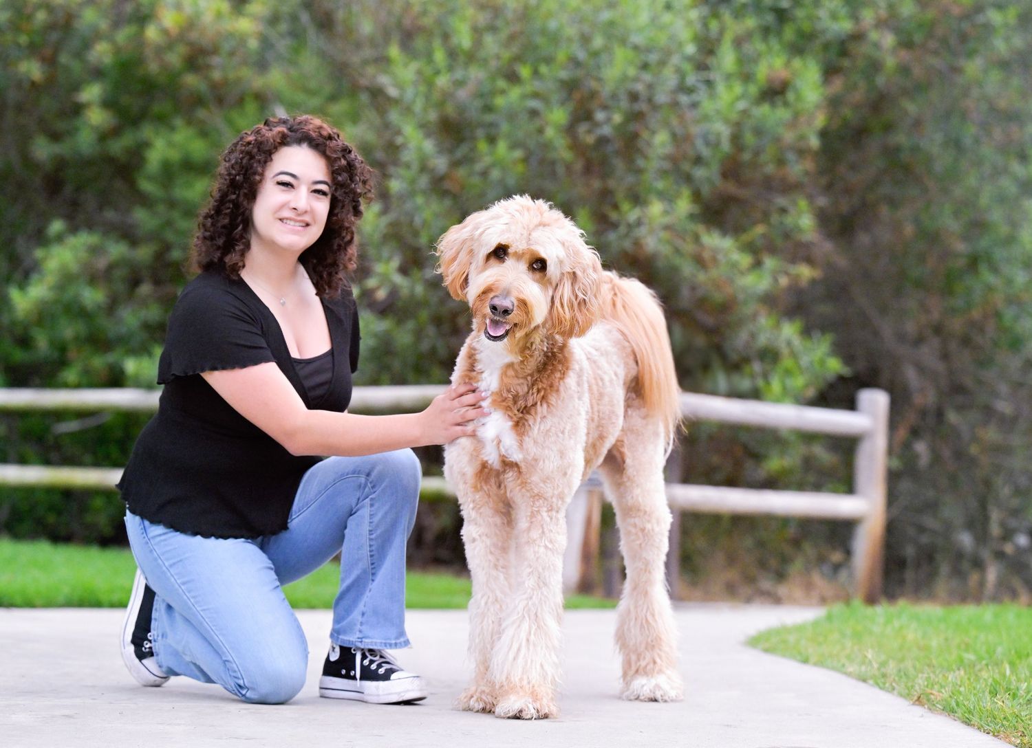 A friendly Goldendoodle dog stands on a path with someone kneeling beside them in an outdoor park setting.