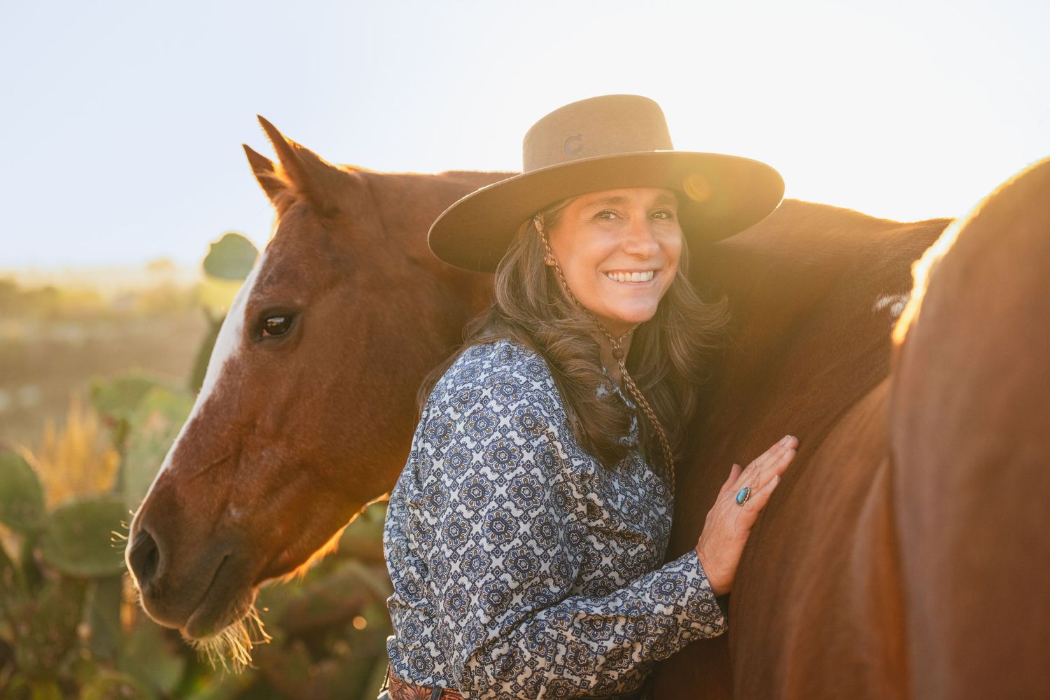 Golden sunlit portraits with a chestnut horse in a rustic outdoor setting.