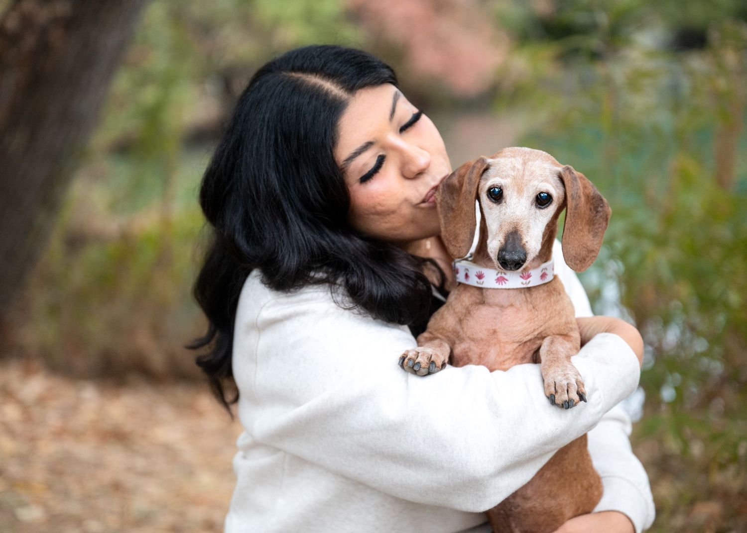 Sweet moments between a senior dachshund and her owner in white against natural outdoor backdrop.