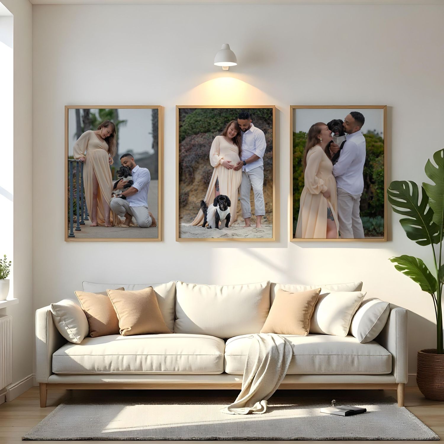 Modern living room interior with built-in bench seating, framed artwork, and minimalist white decor along a wall.
